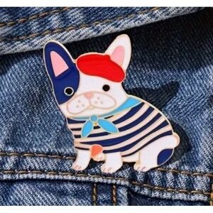 French Bulldog Enamel Pin Frenchie Dog Red Beret Striped Shirt Gold Tone Metal